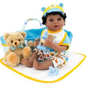 💫 Reborn Baby Doll Blue Realistic 18 inch Carrier Bed Quality 9 Piece Gift Set